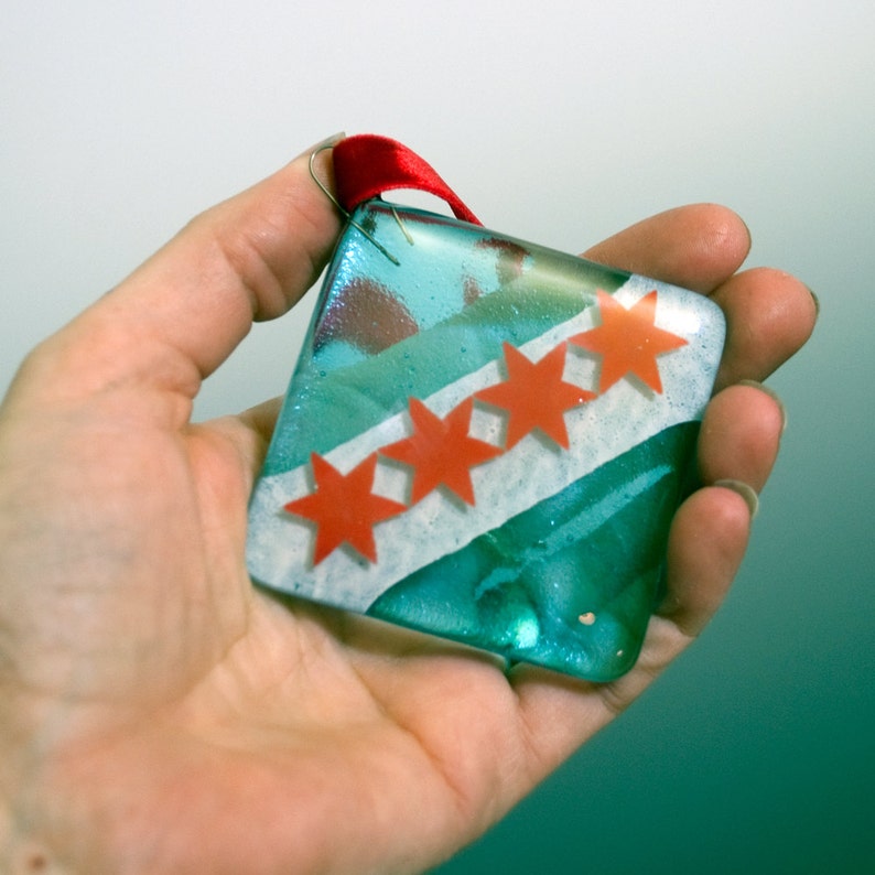 Fused Glass Chicago Flag Ornament, Chicago Square Xmas Decoration, Chicago Tree Decor image 1