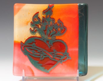 Sacred Heart, Fused Glass, Catch-all Dish, Tattoo Design, Green and Red