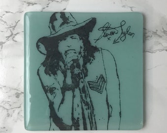 Steven Tyler Fused Glass Coaster, Artist Coaster, Robin's Egg Blue Glass Coaster, Black Printed Coaster