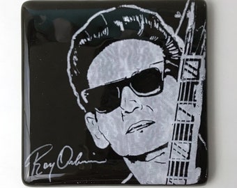 Roy Orbison Fused Glass Coaster, Singer, Songwriter, Musician, The Big O, Pretty Woman, Only The Lonely, Rock, Country,