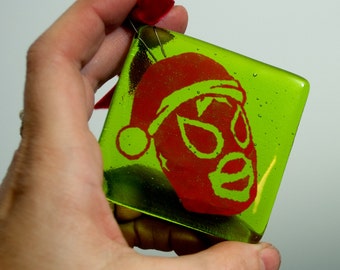 Fused Glass Santa Luchador Ornament, Mexican Santa Wrestler Xmas Tree Decoration