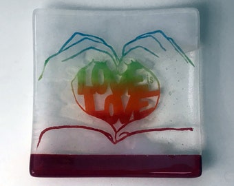 Love is Love Fused Glass Catch All Dish, Coins And Keys Dish