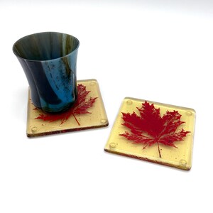 May include: Two square glass coasters with a red maple leaf design on a yellow background. One coaster has a blue and black glass tumbler on top. The coasters are a decorative item.