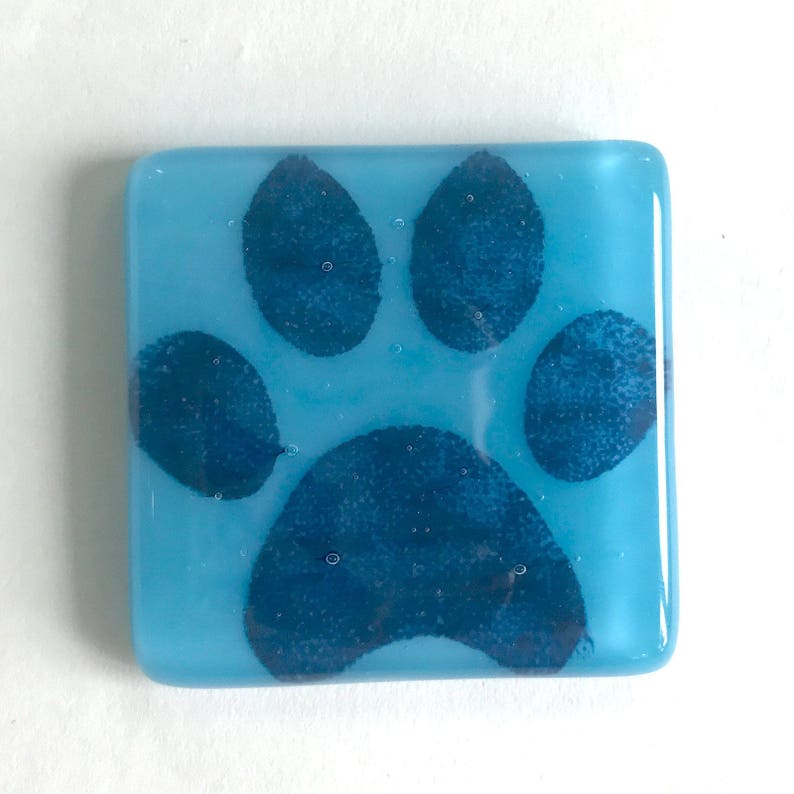 Paw Fused Glass Magnet Blue Printed Magnet Paw Print Magnet Cyan Glass Refrigerator Magnet