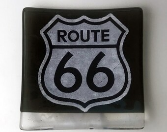 Route 66 Fused Glass Catch All Dish, Coins And Keys Dish