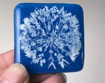 Dandelion Magnet, Dandelion Flower Magnet, Blue Glass Refrigerator Magnet, White Printed Magnet