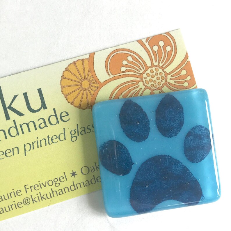 Paw Fused Glass Magnet Blue Printed Magnet Paw Print Magnet Cyan Glass Refrigerator Magnet