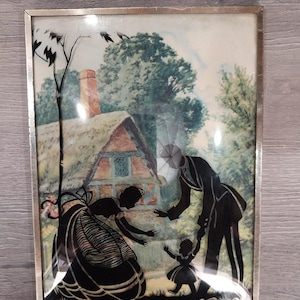 VTG Victorian Reverse Painted Silhouette Convex Bubble Glass Picture