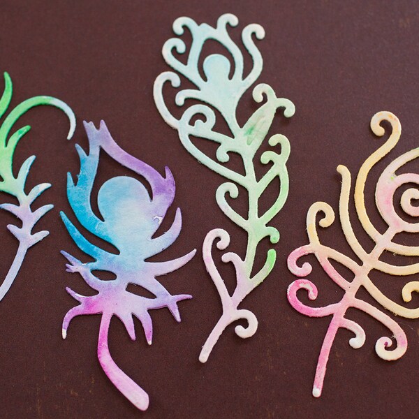 Set of 20 Watercolor Paper Die Cut Peacock Feathers for scrapbooking, card making, altered art and more