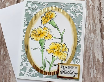 Yellow Carnation Colored Floral Birthday Card for Friend, Card for Wife, Girlfriend Birthday, Gift for Her,