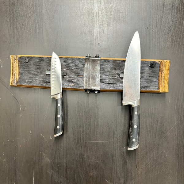 Barrel Stave wall mounted magnetic 2 knife hanger with mounting holes.