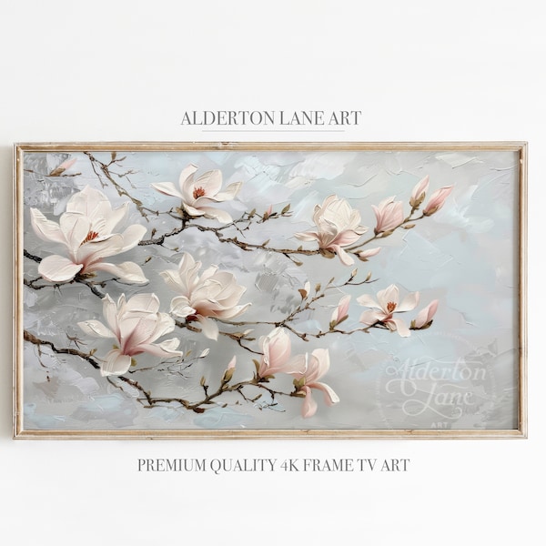 Spring Magnolia Oil Painting, Spring Flowers, Pastel Textured Magnolia Painting, White Magnolia, Digital Download Frame TV Art, TVART499