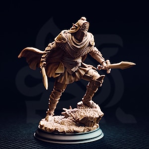 Può includere: Statuetta marrone dettagliata di un guerriero con mantello con cappuccio, che tiene due spade. La figura è posizionata dinamicamente su una base rocciosa, con armature e dettagli del viso intricati. La base è grigio scuro.