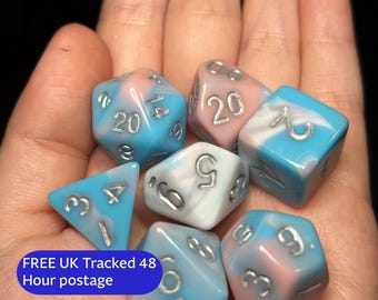 Divine Affirmation | Trans Pride Pastel DnD Dice Set | 7pc Pink Blue White Dice | Dungeons and Dragons TTRPG Gift Set