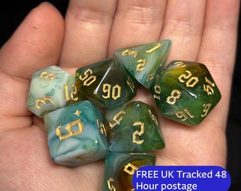 Mossmire Brew | Green & Swampy Resin DnD Dice Set | 7pc Nature TTRPG Dice | Forest Druid Dice for Dungeons and Dragons, Pathfinder Gift