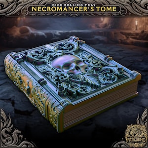May include: Dice rolling tray in the shape of a book, titled "Necromancer's Tome." The tray is intricately detailed with a skull and ornate scrollwork. The color scheme includes shades of green, gold, and purple.