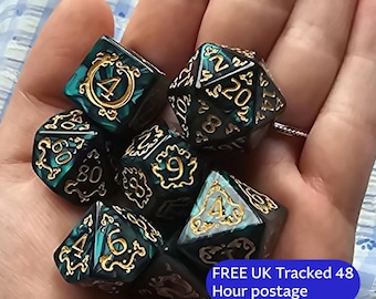 Emerald Enigma | Green & Gold DnD Dice Set | 7pc RPG Dice | Ornate Dice for Dungeons and Dragons, Pathfinder, TTRPG Gift
