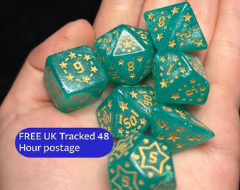 Starfall Academy / Juego de dados Teal Star DnD / Dados brillantes de 7 piezas para Dungeons and Dragons / Dados celestiales TTRPG / Juego de regalo de la escuela de magos