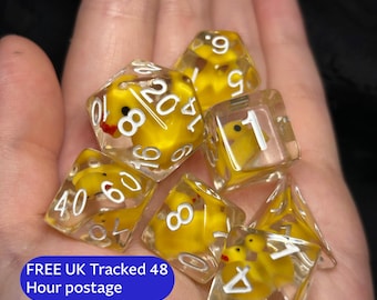 Duck Luck | Clear DnD Dice Set with Mini Rubber Ducks | 7pc Funny TTRPG Dice | Novelty Dungeons and Dragons Dice | Adorable Dice Gift Set