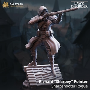 May include: A detailed miniature figure of a sharpshooter rogue, poised with a rifle. The figure is clad in a hooded cloak and tactical gear, standing on a tiled surface. The text "Richard "Sharpey" Pointer Sharpshooter Rogue" is visible.