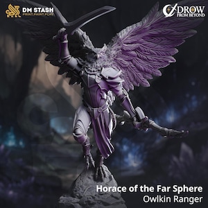 Può includere: Statuetta dettagliata di Horace of the Far Sphere, un Owlkin Ranger, nelle tonalità del viola e del grigio. La figura è in posa dinamica, con una spada e un bastone. L'immagine include il testo "DM STASH" e "DROW FROM BEYOND".