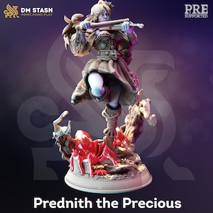 May include: A detailed figurine of a fantasy character, Prednith the Precious, playing a stringed instrument. The figure is in a dynamic pose, with intricate details in the clothing and base. The base features red and white elements. The image includes the text "DM STASH PRINT.PAINT.PLAY" and "PRE SUPPORTED".