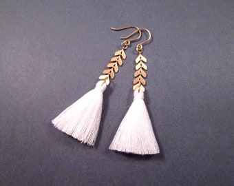 Tassel and Chevron Chain Earrings, White Cotton Tassels, Gold Dangle Earrings, FREE Shipping