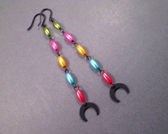 Rainbow Earrings, Matte Black Crescents, Long Beaded Earrings, Gunmetal Silver Dangle Earrings, FREE Shipping
