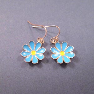Daisy Earrings, Blue and Yellow Enamel Lacquer, Gold Dangle Earrings, FREE Shipping