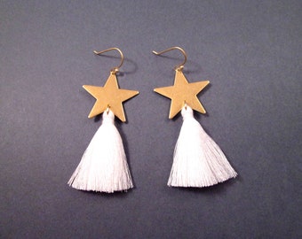 Tassel Earrings, White Cotton Tassels and Raw Brass Stars, Gold Dangle Earrings, FREE Shipping