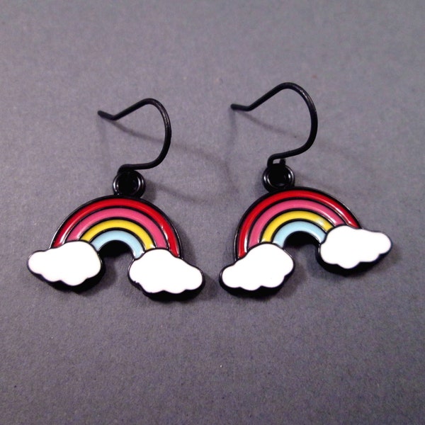 Rainbow After the Storm Earrings, Black Colorful Enameled Charms, Gunmetal Silver Dangle Earrings, FREE Shipping