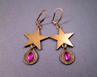 Star and Teardrop Earrings, Purple Stones, Brass Dangle Earrings, FREE Shipping