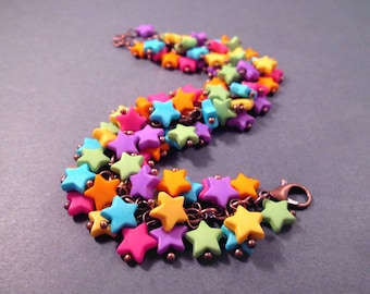 Rainbow Cha Cha Bracelet, Opaque Acrylic Star Beaded Bracelet, Copper Chain Bracelet, FREE Shipping