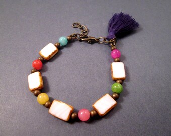 Tassel Bracelet, Colorful Jade Stone and Picasso Glass Beaded Bracelet, Rainbow and Brass Charm Bracelet, FREE Shipping