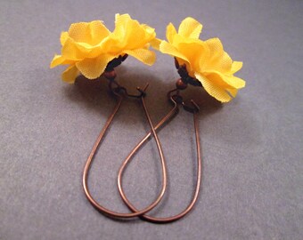 Fabric Flower Earrings, Sunny Yellow Blossoms, Copper Dangle Earrings, FREE Shipping