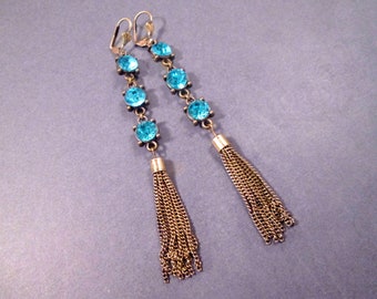 Chain Tassel Earrings, Aqua Resin Rhinestones, Long Brass Dangle Earrings, FREE Shipping