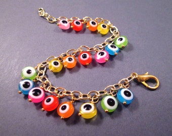 Evil Eye Bracelet, Rainbow Acrylic Beaded Bracelet, Gold Charm Bracelet, FREE Shipping