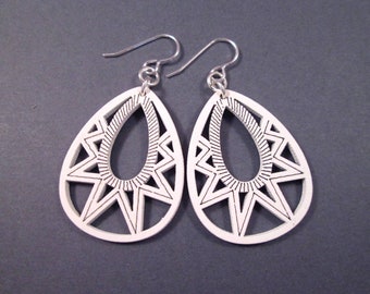 Etched Wooden Teardrop Earrings, White Drop Pendants, Silver Dangle Earrings, FREE Shipping