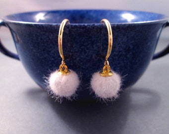 Smaller Size Pom Pom Earrings, White Faux Fur Earrings, Gold Dangle Hoop Earrings, FREE Shipping