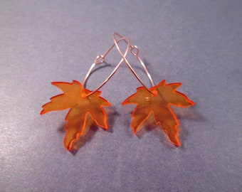 Maple Leaf Earrings, Orange Acrylic Leaves, Rose Gold Dangle Hoop Earrings, FREE Shipping