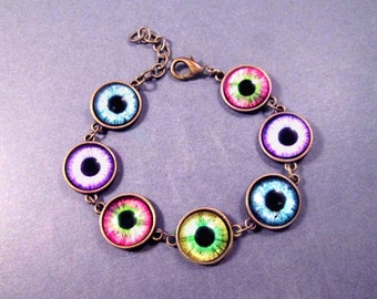 Rainbow EYE Bracelet, Colorful Glass Eyeball Cabochons, Brass Chain Link Bracelet, FREE Shipping