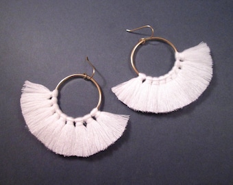 Cotton Tassel Earrings, Larger Size White Fan Earrings, Gold Dangle Earrings, FREE Shipping