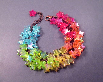Rainbow Cha Cha Bracelet, Acrylic Star Beaded Bracelet, Copper Chain Bracelet, FREE Shipping