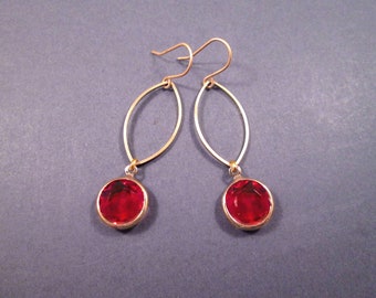 Red Bezel Earrings, Vintage Acrylic Charms, Raw Brass and Gold Dangle Earrings, FREE Shipping