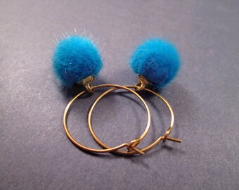 Smaller Size Pom Pom Earrings, Blue Faux Fur Earrings, Raw Brass and Gold Hoop Earrings, FREE Shipping