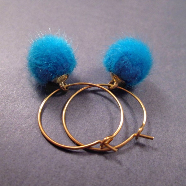 Smaller Size Pom Pom Earrings, Blue Faux Fur Earrings, Raw Brass and Gold Hoop Earrings, FREE Shipping