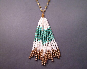 Beaded Tassel Necklace, Turquoise and White Glass Pendant Necklace, Extra Long Chain Necklace, FREE Shipping