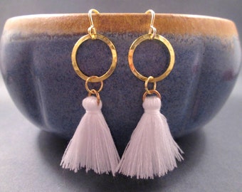 Tassel Earrings, White Cotton Tassels and Hammered Rings, Gold Dangle Earrings, FREE Shipping