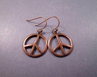 PEACE Sign Earrings, Antiqued Copper Dangle Earrings, FREE Shipping