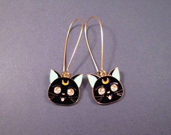 Cat Earrings, Black Enamel Lacquer Cats, Gold Dangle Earrings, FREE Shipping
